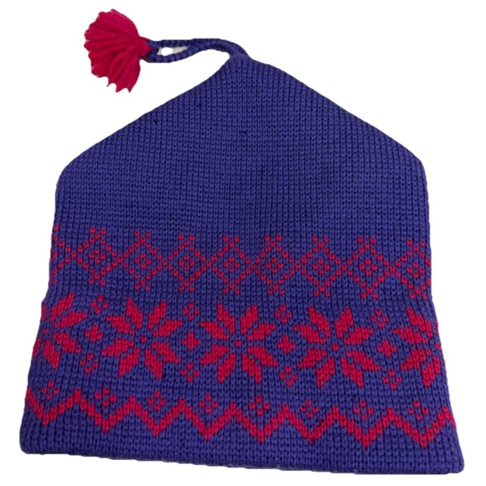 VTG Smiley 100% Wool Hat Snowflake Red Blue Beanie Quality-Read Descrip GUC